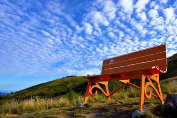 Photo sur Plexiglas Ligurie big bench and panorama from the path to monte antola liguria italy