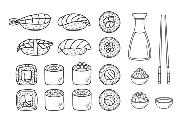 Japanese sushi set. Big collection of variety nigiri and sushi rolls, soy sauce, wasabi, pickled ginger and chopsticks. Hand drawn doodle style. Vector illustration isolated on white background.