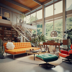  A high ceiling interior living room with a staircase, mezzanine and colourful retro furniture. - obrazy, fototapety, plakaty