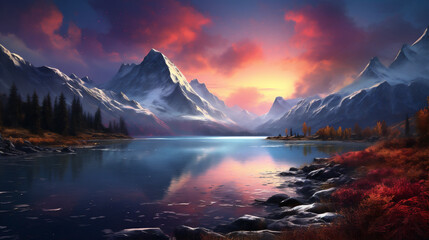 Fototapeta na wymiar Fantasy landscape with lake and mountains at sunrise