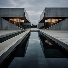 Water element on concrete external flooring seperates bare concrete identical, mirrored, orthogonal minimal structures.