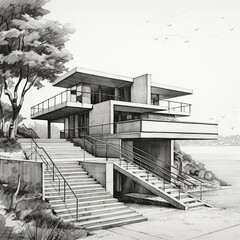 Black and white illustration of a modern mininal building with horizontal forms that gives the sensation of cleanliness and weightlessness.