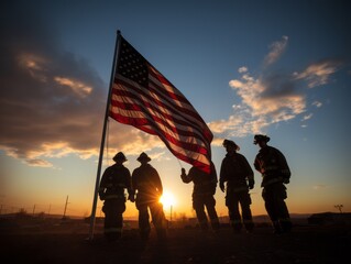 Silhouettes of firefighters raise a large flag against the sunset