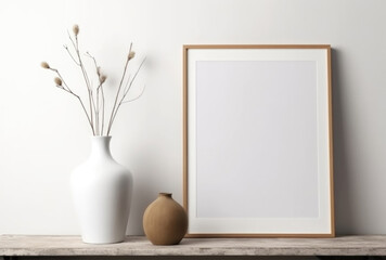 Minimalistic composition of the shelf wooden mock up photo frame, vases and dried flowers.