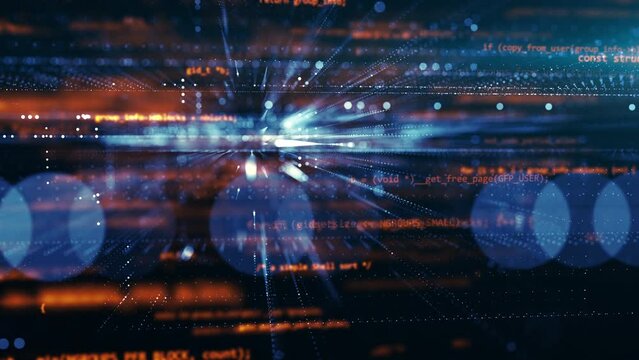 3D programming code abstract technology background of software developer and computer script. Running hud text. Security or hacking. Modern hi-tech software development and blockchain concept