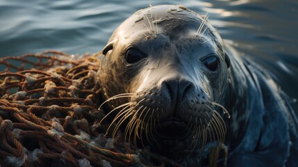seal ensnared in a fishing net, a stark example of marine life endangerment generative ai