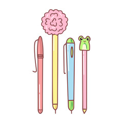 Set of cute pens. Kawaii pen with frog. Hand drawn stationery supplies doodle. Vector design illustration isolated on white background.