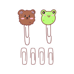 Set of kawaii paperclips with bear and frog head. Hand drawn stationery supplies doodle. Vector design illustration isolated on white background.