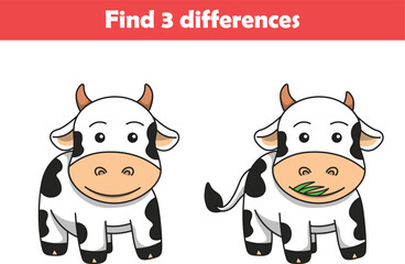 Education game for children find three differences between two cows animal cartoon. Vector illustration