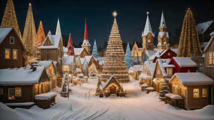 Fantasy Christmas village illustration showing a vintage town with towering Christmas trees.  AI Generated