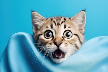 Surprised Cute Kitten Above Blue Banner on Blue Background