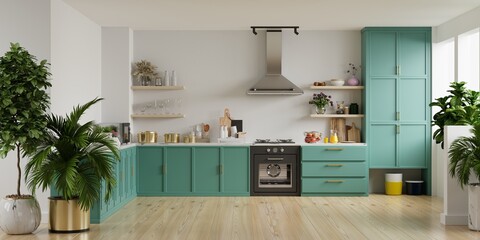 Minimal green kitchen interior design. - 638170601