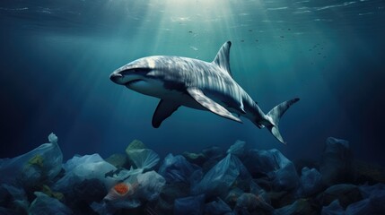 Fototapeta premium dolphin with a plastic bag, a powerful illustration of marine pollution generative ai