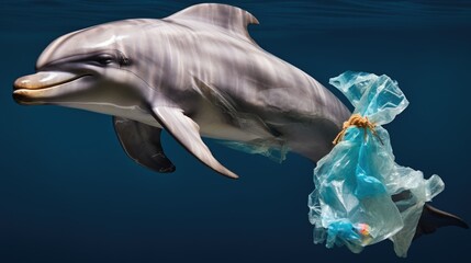 Obraz premium dolphin with a plastic bag, a powerful illustration of marine pollution generative ai