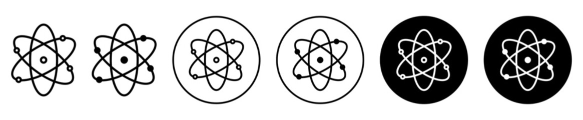 atom icon set. molecule nucleus science vector symbol. physics nuclear research sign. electron, proton, or neutron chemistry icon in black filled and outlined style.