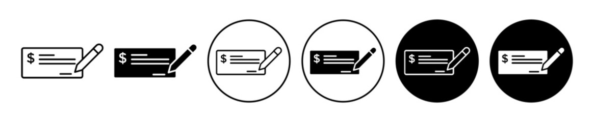 Payment check icon set. bank cheque vector symbol. paycheck sign in black filled and outlined style.