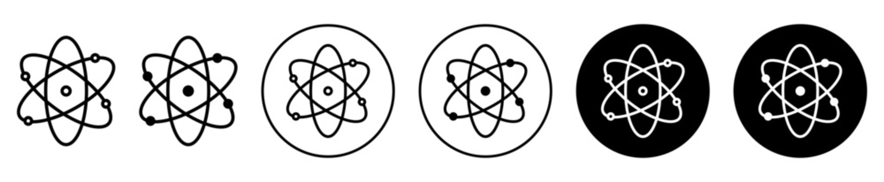 atom icon set. molecule nucleus science vector symbol. physics nuclear research sign. electron, proton, or neutron chemistry icon in black filled and outlined style.