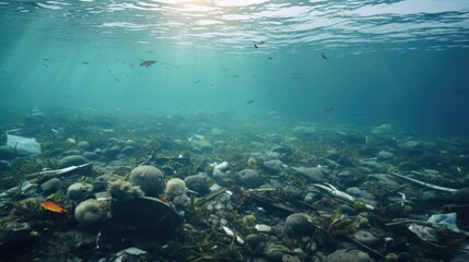 Obraz premium litter floating on a lake, highlighting freshwater pollution generative ai