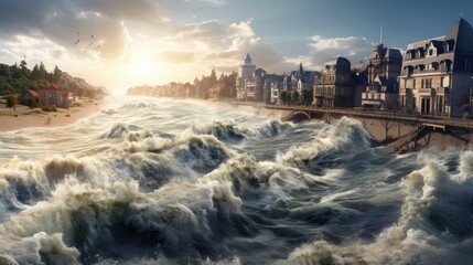 coastal town dealing with rising sea levels, a clear sign of climate change generative ai - obrazy, fototapety, plakaty