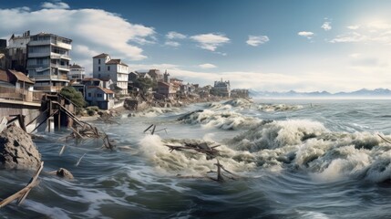 coastal town dealing with rising sea levels, a clear sign of climate change generative ai