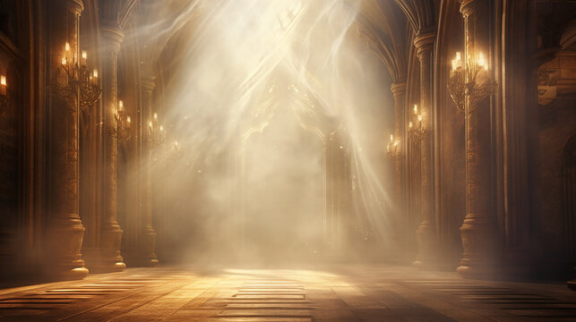  grande neblina, feixes de luz solar dourada vindo do c&eacute;u para a terra, obra-prima, cena divina maravilhosa