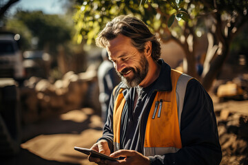 A farmer in a yellow vest using a tablet in the field