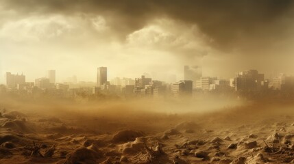 city engulfed in a dust storm, signifying the problem of soil pollution generative ai