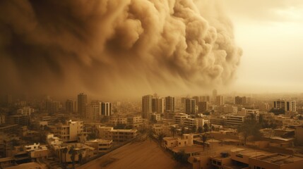 city engulfed in a dust storm, signifying the problem of soil pollution generative ai