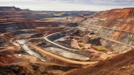 landscape scarred by open pit mining, a vivid representation of land degradation generative ai
