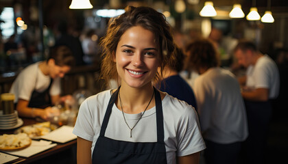 A businesswoman at the counter of her restaurant