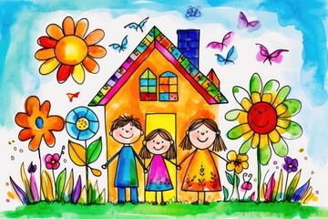 Children's drawing of family and home