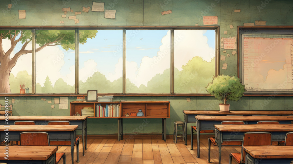 Canvas Prints Anime classroom with desks and a tree in the background, AI