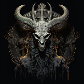 Figure of Baphomet adorned with horns of command. Occult artwork of Baphomet in a potent blend of mysticism and enigma.