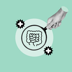 intestinal disease, gastroenterology, studying gut intestines, hand with magnifying glass, doctor diagnosed disease, medical studies of the intestine, doctor, concept, collage art, photo collage
