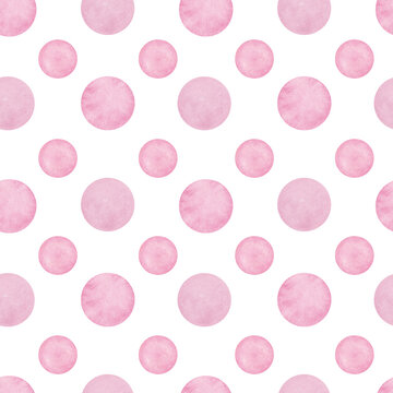 Seamless pattern with pink circles on white background. Watercolor illustration hand drawn. For design, textile, decor, wallpaper, wrapping paper, clothes.