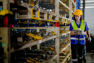 workers checking and inspecting metal machine part items for shipping. male and woman checking the...