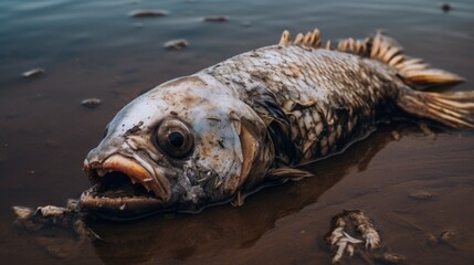 Obraz premium fish affected by water pollution, washed ashore generative ai