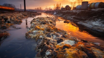 river flowing with industrial waste, a stark image of water pollution generative ai - obrazy, fototapety, plakaty