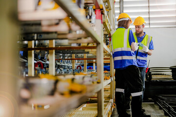 workers checking and inspecting metal machine part items for shipping. male and woman checking the...