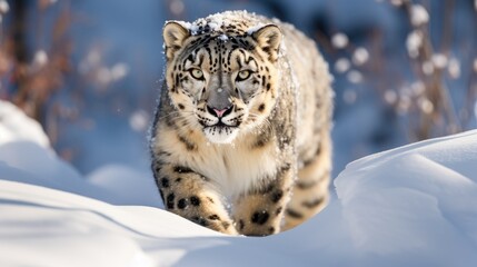 Fototapeta premium snow leopard in a dwindling snowy habitat, signifying the impacts of climate change on animal life generative ai