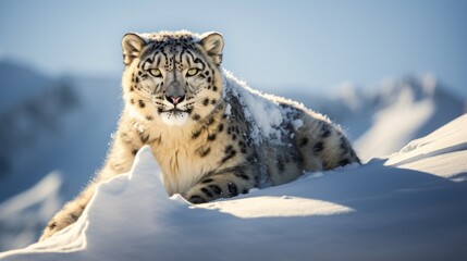 Fototapeta premium snow leopard in a dwindling snowy habitat, signifying the impacts of climate change on animal life generative ai