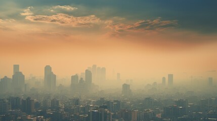 Fototapeta premium cityscape with a dense layer of smog, indicating severe air pollution generative ai