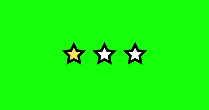 Three Stars Rating animation. Set of Stars. One Star Rating on green Background. Product Quality, Feedback, Customer review
