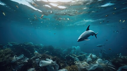 marine life surrounded by plastic debris, underlining the gravity of ocean pollution generative ai