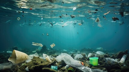 Fototapeta premium marine life surrounded by plastic debris, underlining the gravity of ocean pollution generative ai