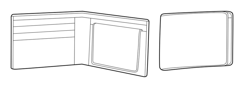 Bifold Wallet close and open view options with pockets and flap closure. Fashion accessory technical illustration. Organizer for Men, women, unisex silhouette style, flat handbag CAD sketch isolated