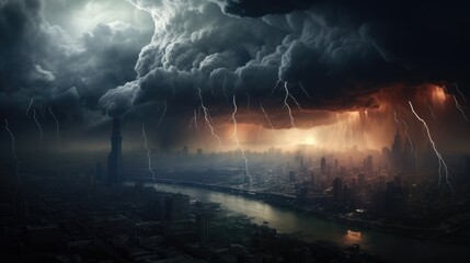 storm brewing over a city, a portrayal of extreme weather conditions due to climate change generative ai
