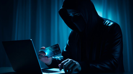 Hands of anonymous hacker holding credit card and using laptop computer. Cyber criminal. Cybersecurity concept - obrazy, fototapety, plakaty