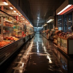 night Interior view of a shopping store supermarket, generative AI