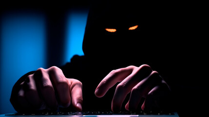 Hands of anonymous hacker holding credit card and using laptop computer. Cyber criminal. Cybersecurity concept
